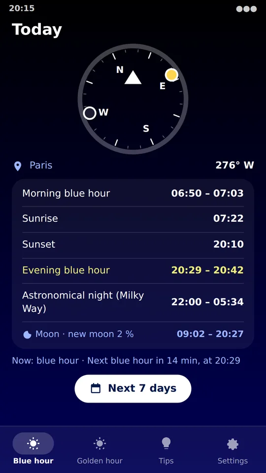 Der Bildschirm „Heute“: blaue Stunde, Sonnenaufgang und -untergang, mit dem Kompass